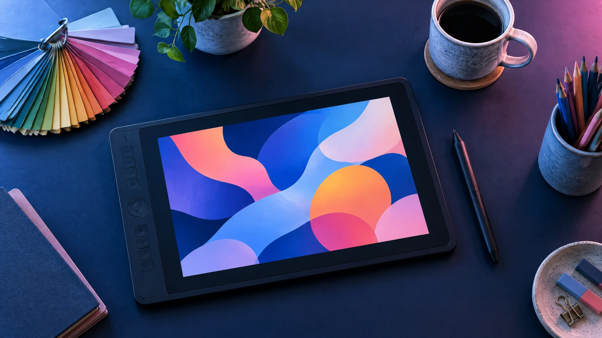 Drawing tablet showing abstract shapes, beside color swatches, pencils and a mug on a navy desk