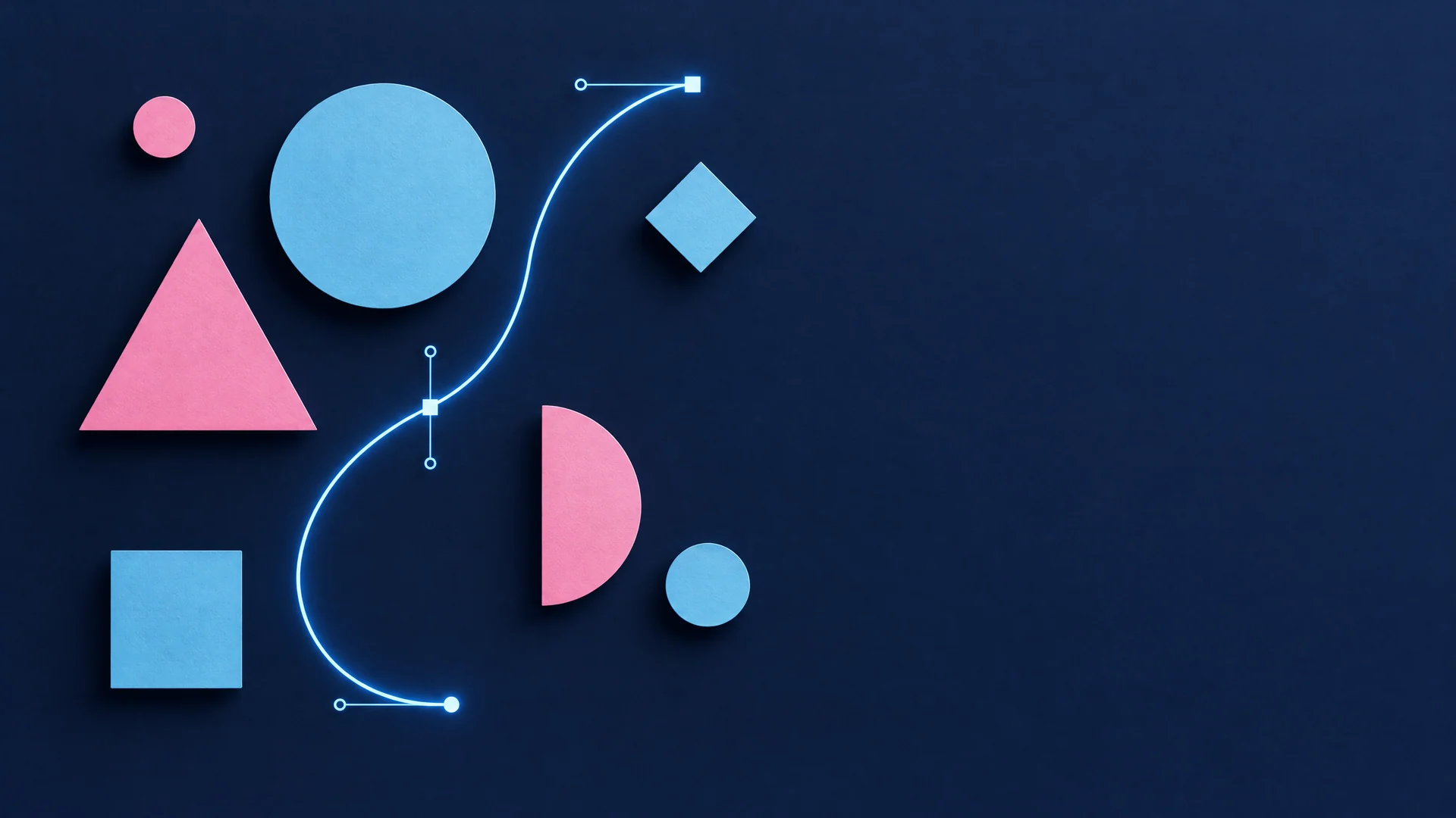 Paper-cut circles, triangles and a glowing bezier curve on dark navy