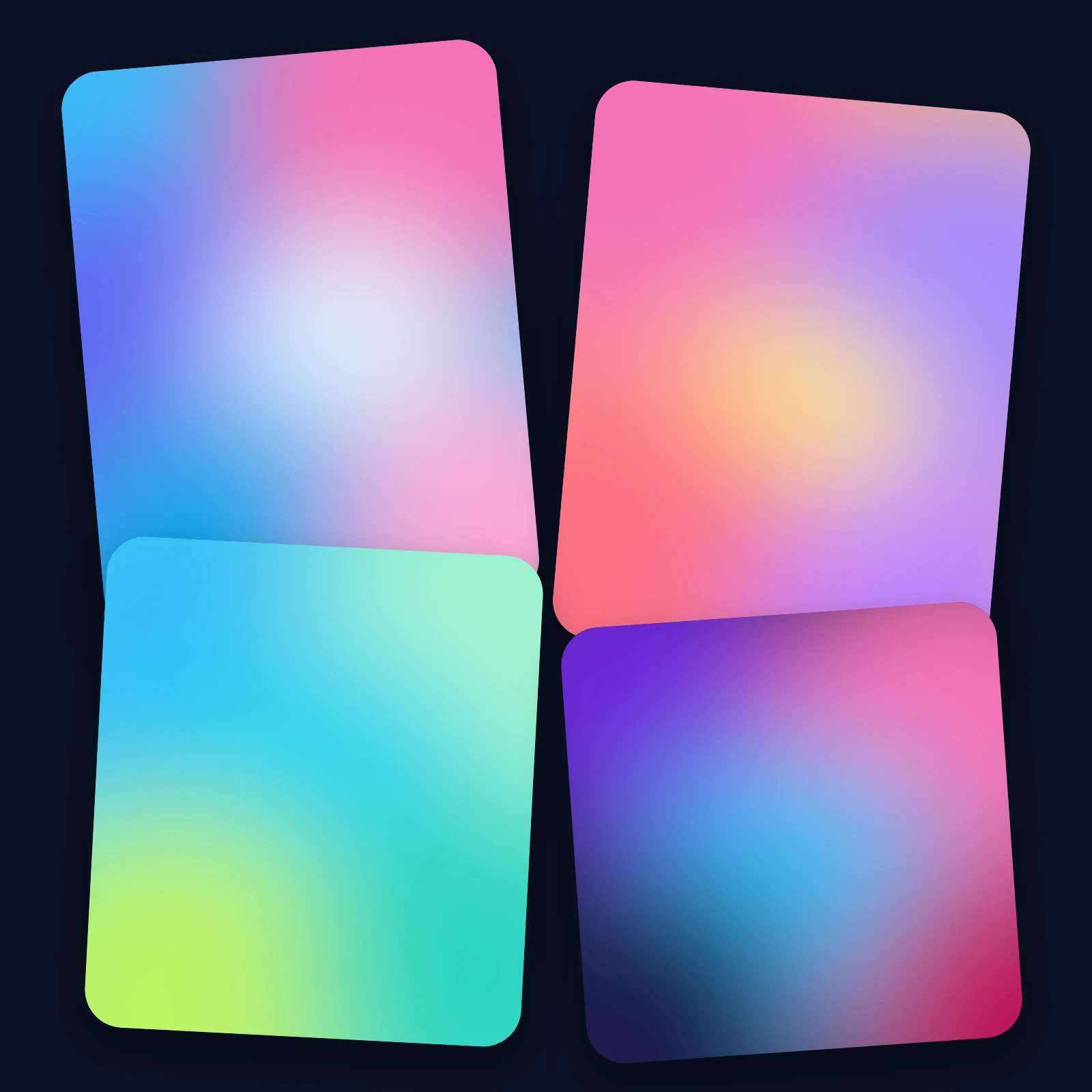Overlapping panels of smooth blue, pink, peach and violet mesh gradient backgrounds