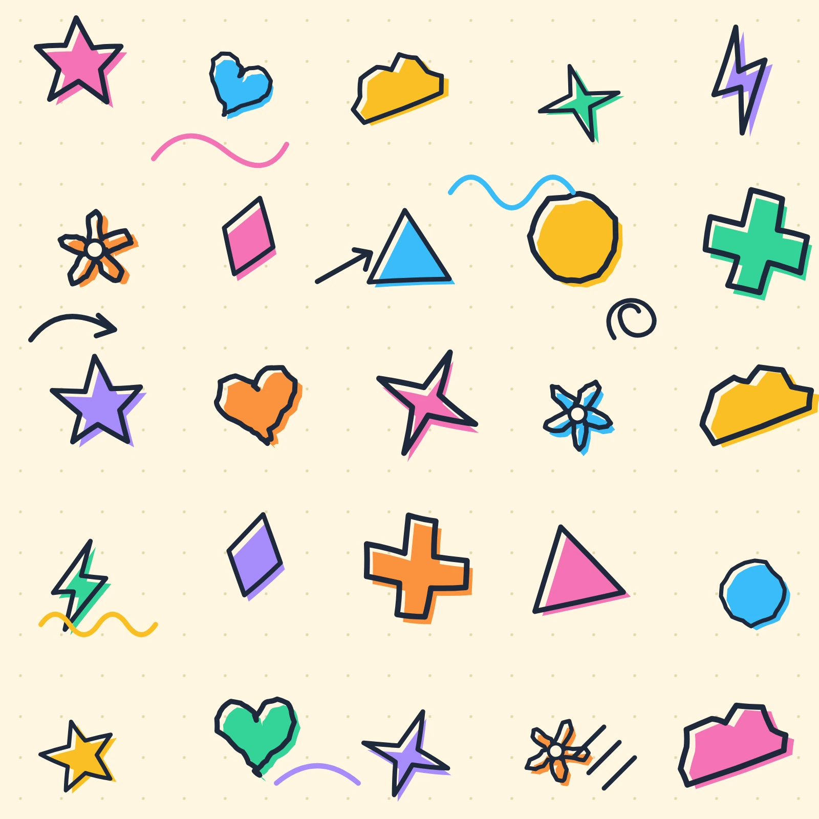 Sheet of hand-drawn doodle stars, hearts, arrows, clouds and squiggles in pink, blue and yellow on cream paper