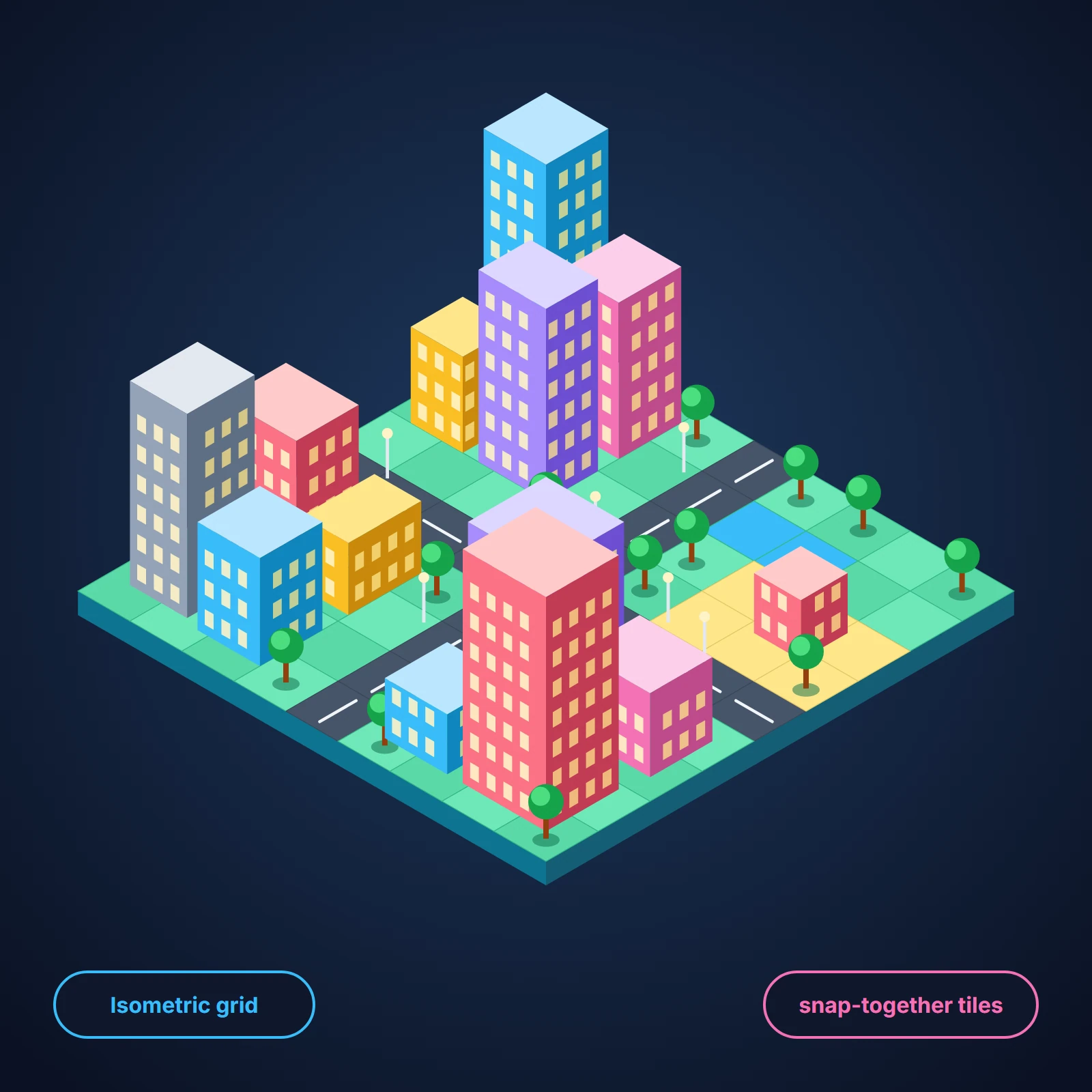 Isometric city block of colorful buildings, roads and trees on a diamond ground tile