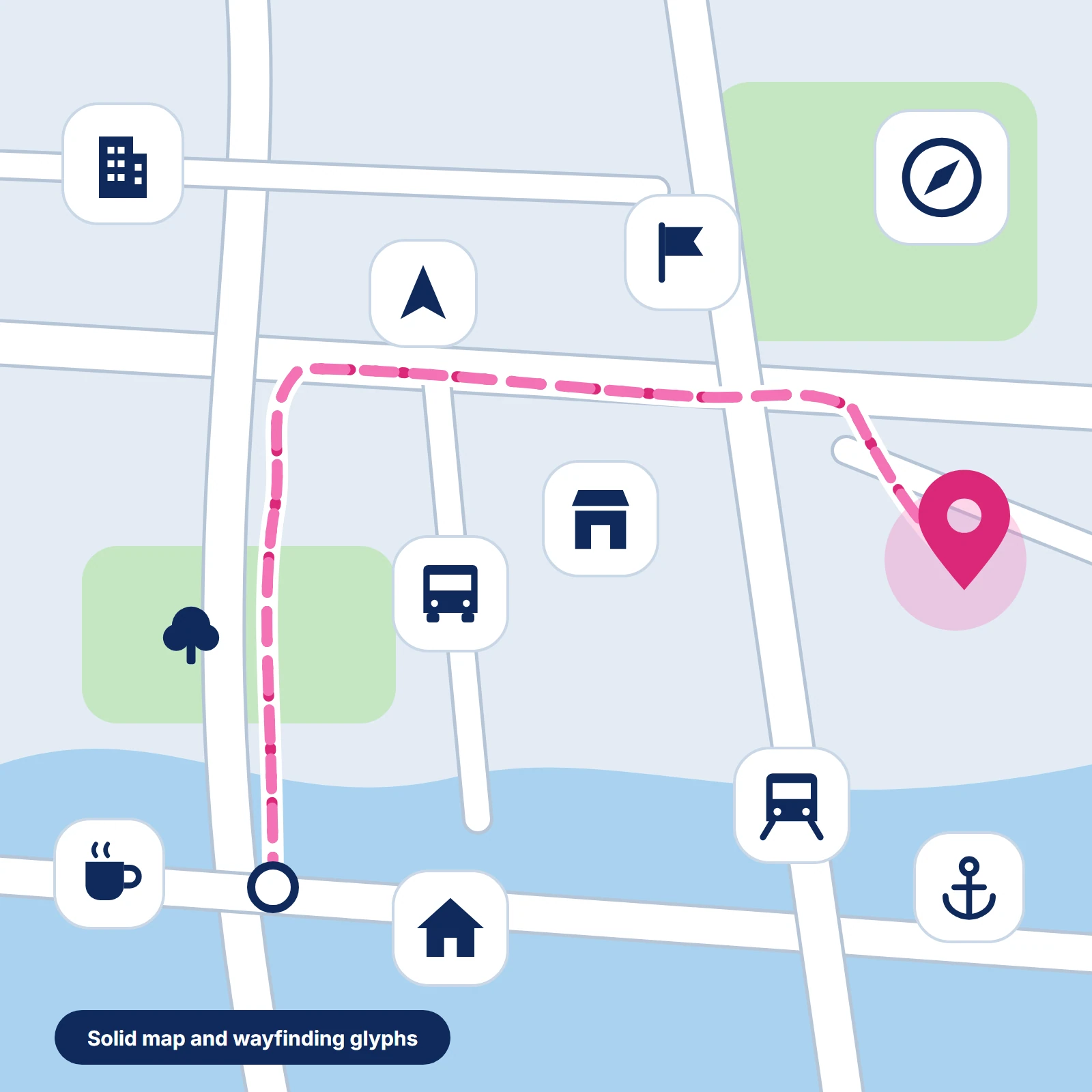 Stylized map with streets, a dashed route and solid glyph icons for pins, a compass, a flag and a building