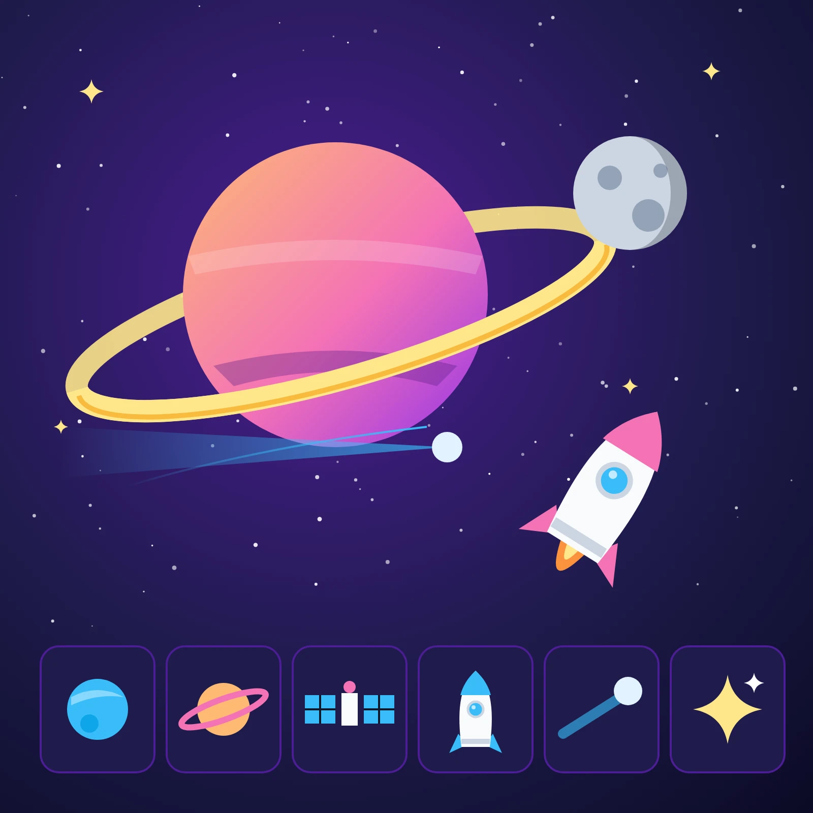 Space poster with a ringed planet, a rocket, a moon and scattered stars on a dark purple background, plus a row of loose space elements