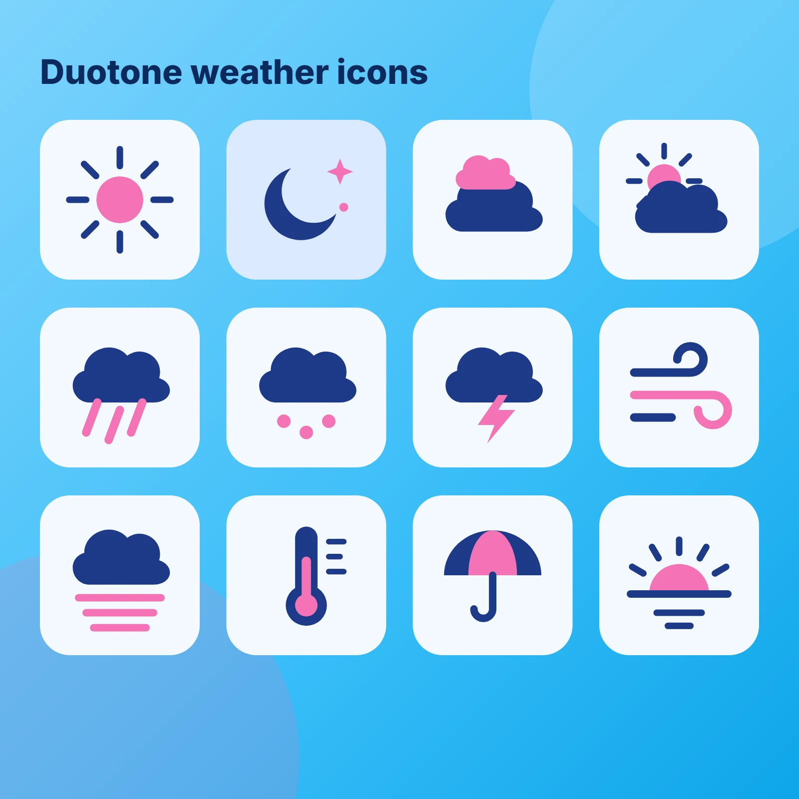 Grid of colorful duotone weather icons including sun, clouds, rain, snow, lightning and moon on a sky blue background